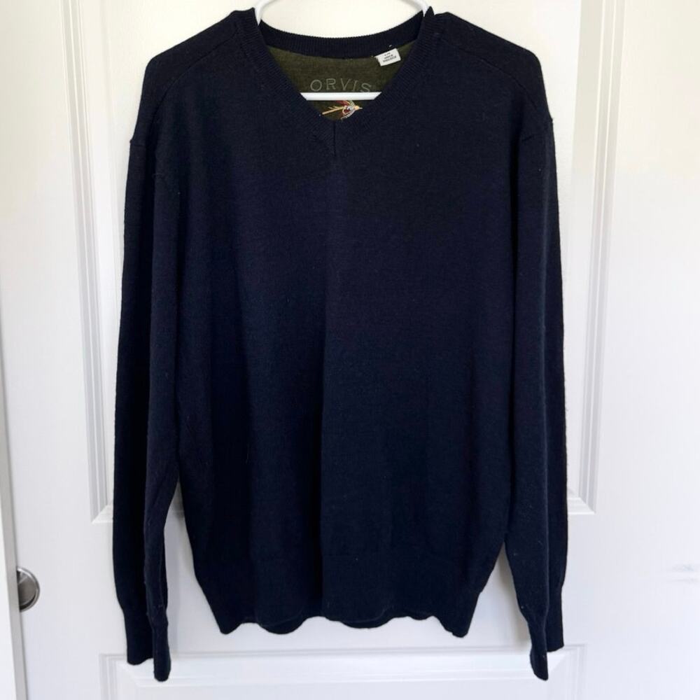 ORVIS Merino Wool Knit V Neck Classic Sweater Navy Blue Large